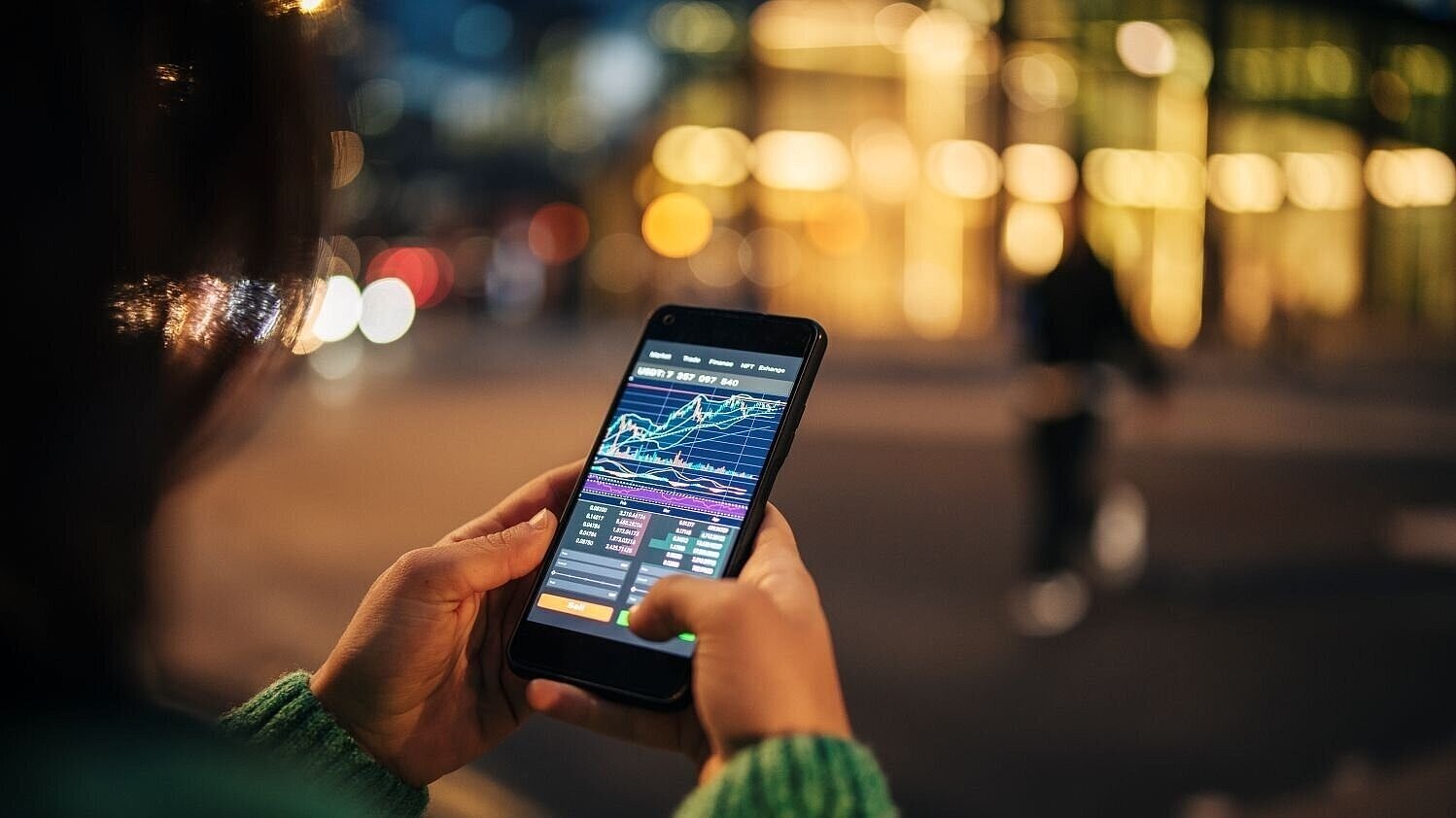 Person hält abends draußen ein Smartphone mit Trading-App und Kursdiagramm in der Hand.