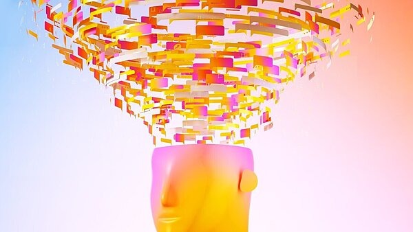 Abstrakte Darstellung eines menschlichen Kopfes, aus dem bunte Gedankenmuster und Formen aufsteigen – Symbol für veränderte Denkmuster und Denkprozesse bei Glücksspielsucht und Abstinenz.