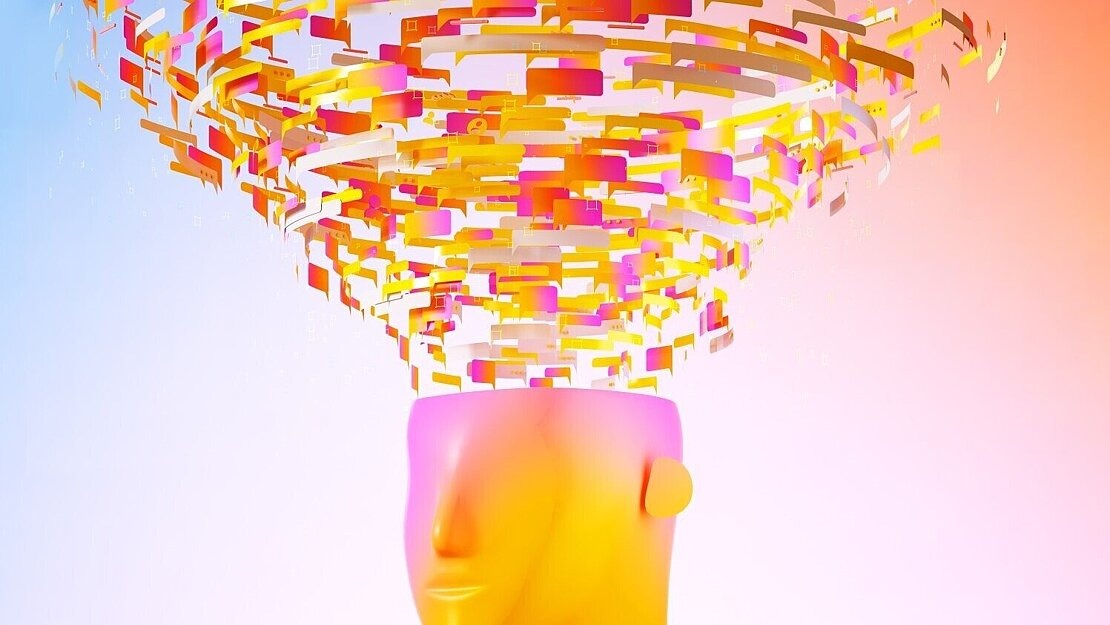 Abstrakte Darstellung eines menschlichen Kopfes, aus dem bunte Gedankenmuster und Formen aufsteigen – Symbol für veränderte Denkmuster und Denkprozesse bei Glücksspielsucht und Abstinenz.