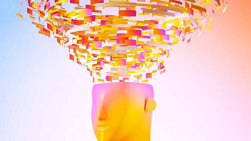 Abstrakte Darstellung eines menschlichen Kopfes, aus dem bunte Gedankenmuster und Formen aufsteigen – Symbol für veränderte Denkmuster und Denkprozesse bei Glücksspielsucht und Abstinenz., Bild: Andriy Onufriyenko / gettyimages