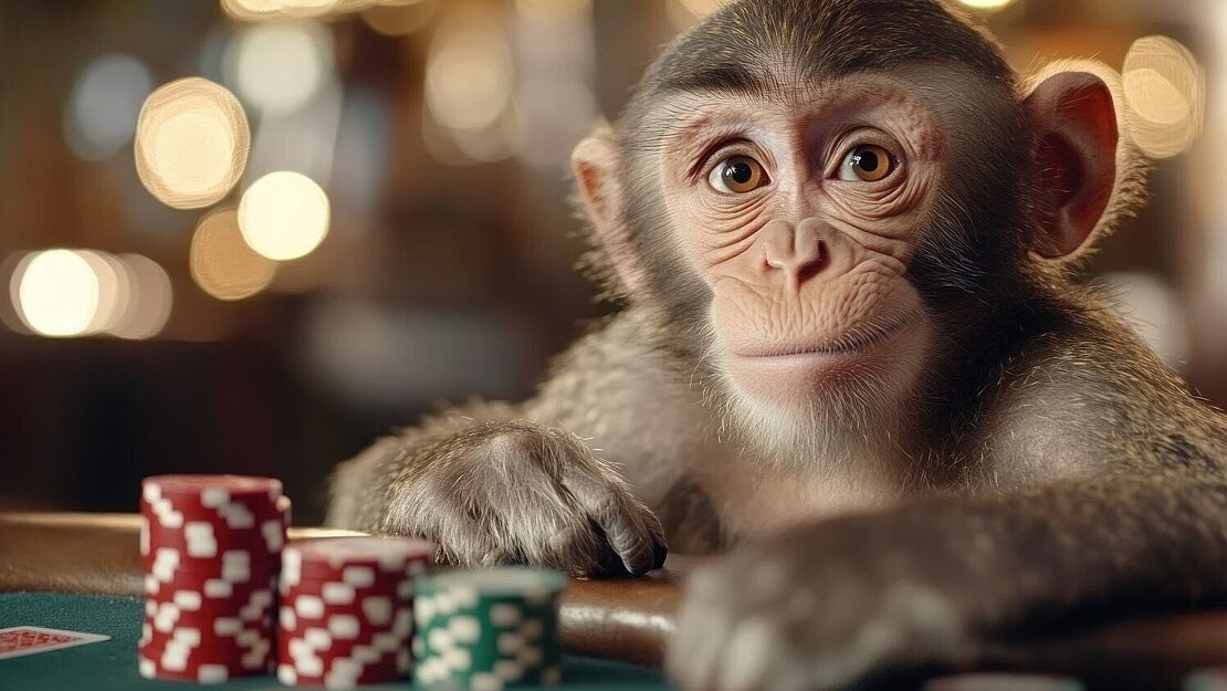 Ein Affe sitzt an einem Pokertisch mit Spielchips vor sich. Das Bild symbolisiert den evolutionären Ursprung des Glücksspiels.