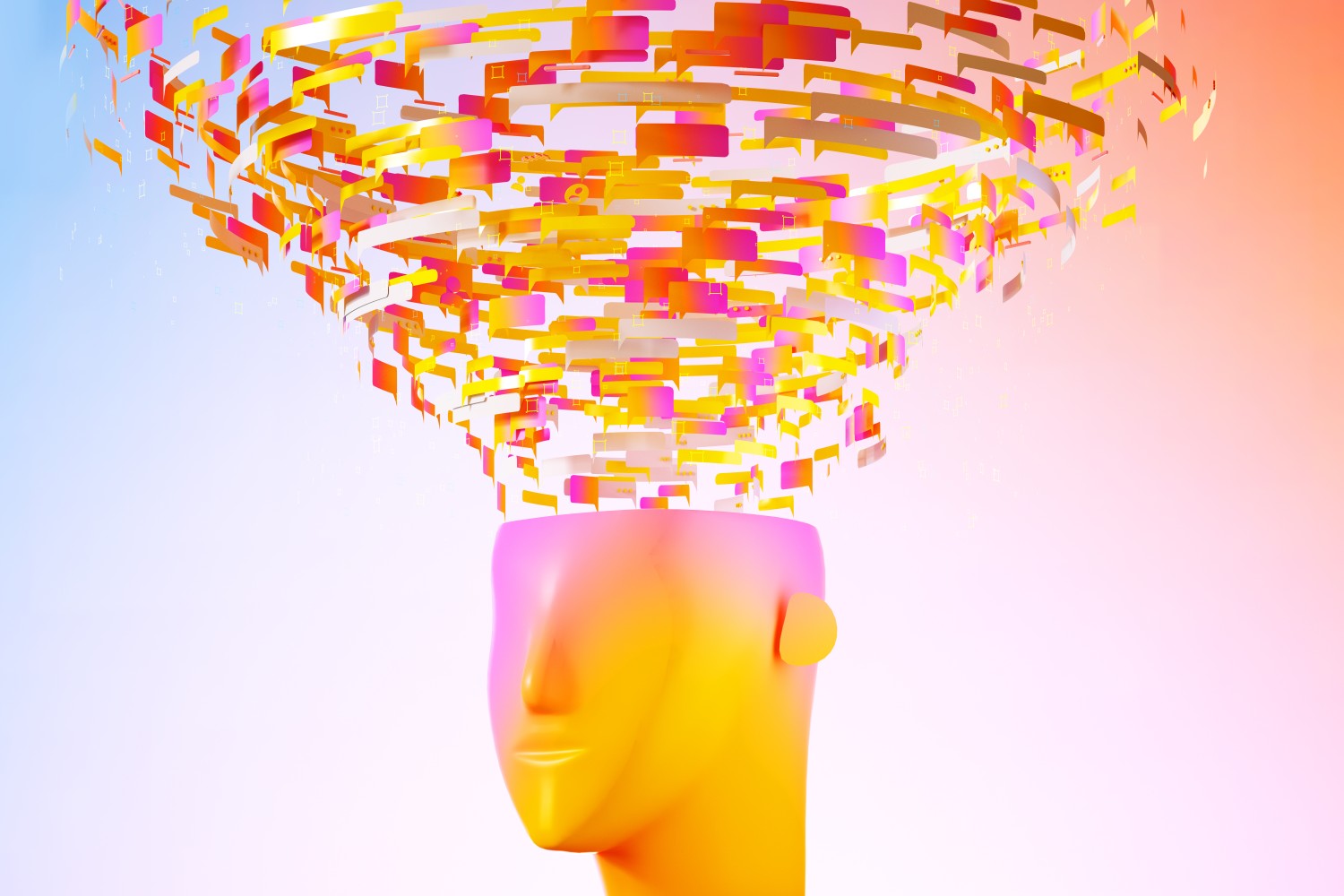 Abstrakte Darstellung eines menschlichen Kopfes, aus dem bunte Gedankenmuster und Formen aufsteigen – Symbol für veränderte Denkmuster und Denkprozesse bei Glücksspielsucht und Abstinenz.